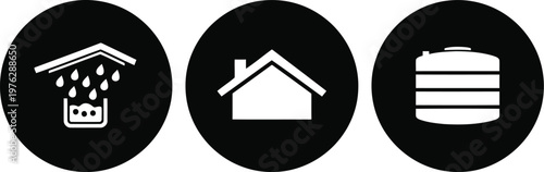 Rainwater Harvesting Icons Set – Roof Collection, Storage Tank, Home Symbol in Black Circle Vector