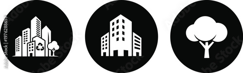 Urban and Nature Icon Set – Black and White Cityscape, Building, and Tree Symbols for Eco Design