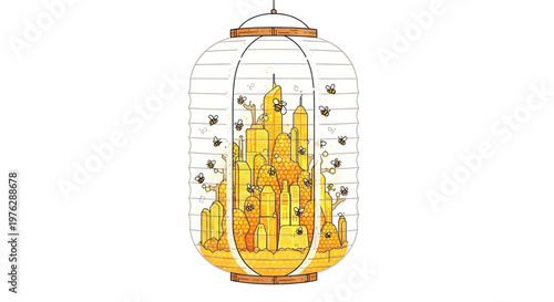 A colorful illustration of a beehive lantern with bees flying around it