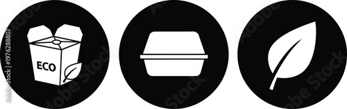 Eco Friendly Packaging Icons Set – Sustainable Takeout Box, Biodegradable Container, Green Leaf Symbol
