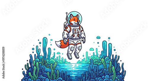 A cartoon fox in a spacesuit floats above a vibrant underwater coral reef with seaweed and bubbles