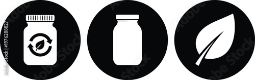 Eco Friendly Jar and Leaf Icons Set for Sustainable Packaging and Organic Product Labels