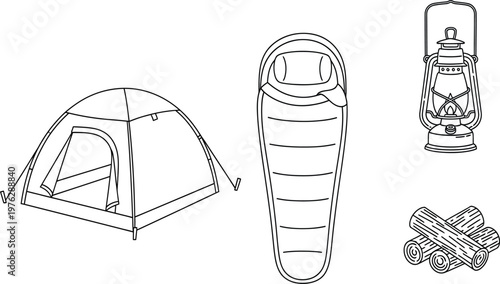 Essential camping gear illustration featuring tent, sleeping bag, lantern, and sleeping pad Vector