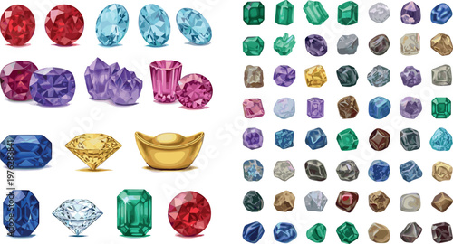 Gemstone and Crystal Set with Ruby, Sapphire, Emerald, Diamond, Amethyst, and Various Colored Gems for Jewelry and Luxury Designs