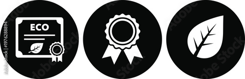 Eco Certification and Award Icons Set – Black Circular Badge Symbols for Sustainability and Organic Products