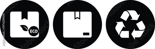 Eco-friendly packaging icons set with recycling symbol and sustainable shipping labels in black circles