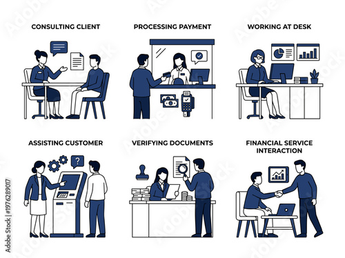 Financial service people characters, bank staff helping clients with transactions and document verification