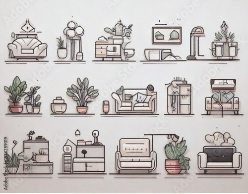 Collection of pixel art interior design elements and furniture.