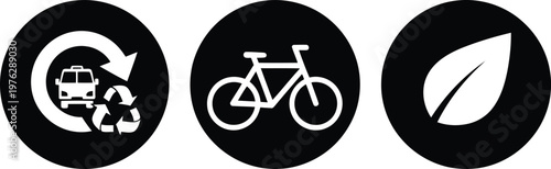 Eco-friendly transportation icons set with recycling, bicycle, and green leaf symbols in black circles