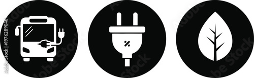 Electric bus eco icons set with plug and leaf symbols for sustainable transportation and green energy concepts