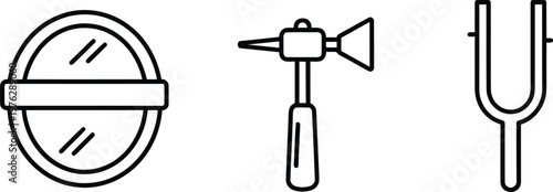 Vector of Common medical examination instruments for diagnosis and auditory testing featuring round mirror otoscope tuning fork illustration