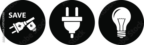 Energy Saving Icons Set – Black and White Electrical Plug and Light Bulb Symbols for Eco Awareness