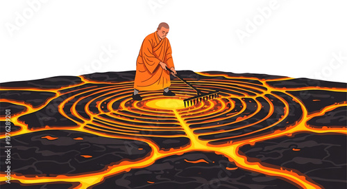 A Buddhist monk in an orange robe raking a spiral design on a fiery lava surface with a long-handled rake.