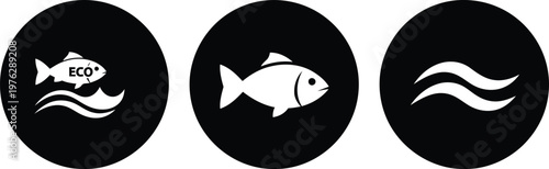 Eco fish icon set with aquatic symbols for sustainable seafood, organic products, and environmental labels