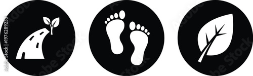Eco Friendly Icons Set – Sustainable Footprint, Green Road, Leaf Symbol, Black Circular Design