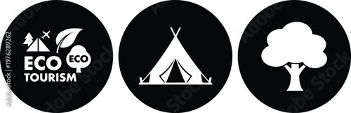 Eco tourism icons set with camping tent and tree silhouette for sustainable travel and nature conservation