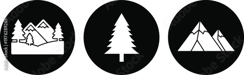 Black and White Mountain, Pine Tree, and Nature Landscape Icons for Outdoor Adventure Design