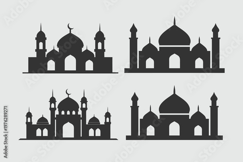 Realistic mosque silhouette set illustration. Isolated black of an Islamic mosques collection vector.