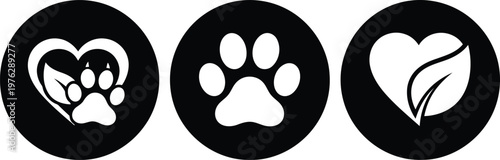 Black and White Animal Paw Print and Heart Leaf Icons for Pet Care and Eco-Friendly Branding