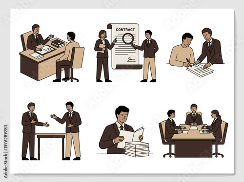 Lawyer activity illustration set, legal professionals consulting clients and signing documents, flat vector style