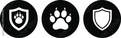Black and White Animal Paw Print and Shield Icons Set for Pet Security and Veterinary Protection