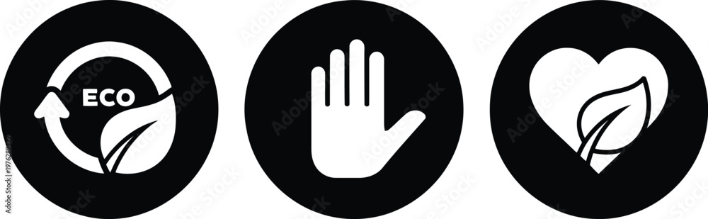 Fototapeta premium Eco Friendly Icons Set – Sustainable, Recycle, Hand Protection, Nature, Black and White Vector Symbols