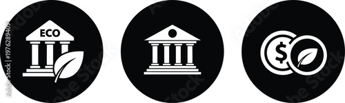 Eco banking icons set, sustainable finance symbols, black and white vector illustrations for fintech and green investment