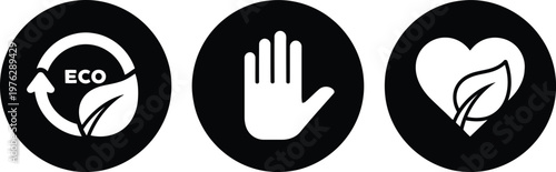 Eco Friendly Icons Set – Sustainable, Recycle, Hand Protection, Nature, Black and White Vector Symbols