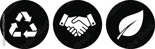 Sustainable Business Icons Set: Recycle, Partnership, Eco Leaf in Black Circular Design