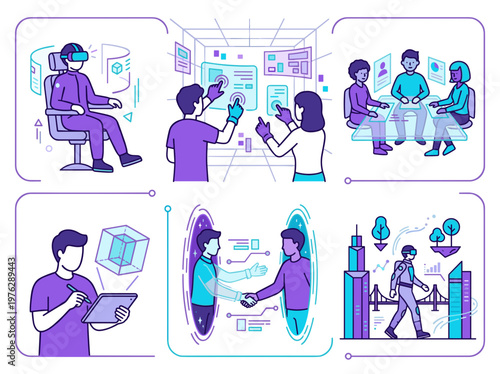 Virtual reality people interaction set, digital avatar collaboration, futuristic flat style vector graphics