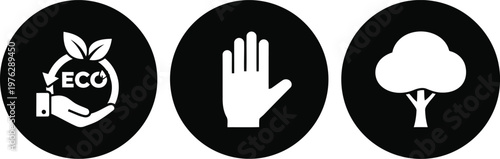 Eco Friendly Icons Set – Sustainability, Environmental Protection, Nature Conservation Symbols on Black Circles