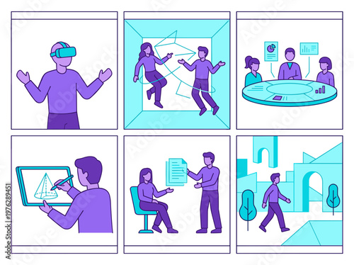 Metaverse activity illustration set, people working in virtual reality, futuristic flat vector design
