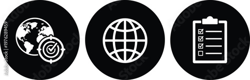 Black and White Business Icons Set: Global Target, Internet Globe, Checklist Clipboard Vector Illustrations