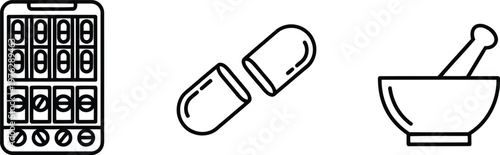 Vector of Online pharmacy application opened pill capsule traditional compounding mortar pestle vector illustration