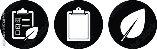Eco Checklist and Leaf Icon Set in Black and White Circular Design for Sustainability Concepts