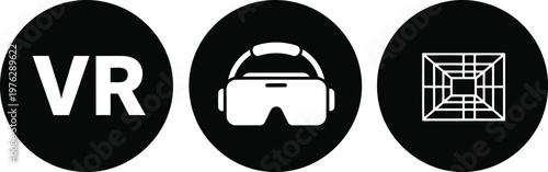 Virtual Reality Icons Set – VR Headset, Grid, and VR Text Symbol in Black Circle Vector Illustration