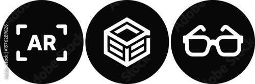 Augmented Reality Icon Set – AR, 3D Cube, Smart Glasses, Modern Black Circular Symbols