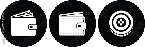 Black and White Wallet and Coin Icon Set for Finance and Banking Applications