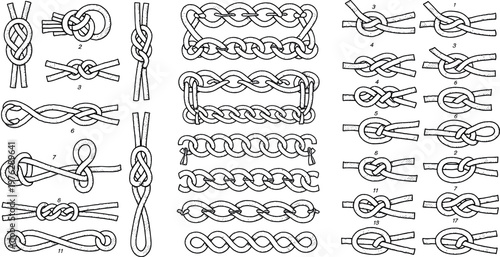 Illustration of Various Knots and Rope Chains for Nautical, Sailing, and Knot Tying Educational Designs
