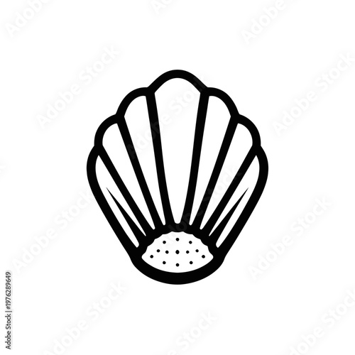 A black line drawing of a scallop shell on a white background, symbolizing the ocean and seafood