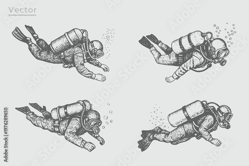 Realistic Diver vintage stippling photocopy effect illustration. Deep Sea Diver Engraving style. Grunge Retro The concept of sport diving.