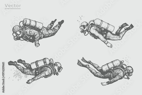 Realistic Diver vintage stippling photocopy effect illustration. Deep Sea Diver Engraving style. Grunge Retro The concept of sport diving.