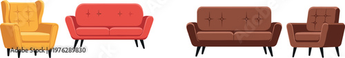 Modern Sofa and Armchair Set with Yellow, Red, and Brown Upholstery for Furniture Design Illustrations