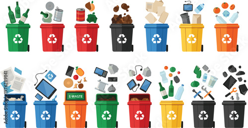 Recycling Bin Collection with Sorted Waste Categories for Plastic, Paper, Glass, Metal, Organic, and Electronic Trash Management Designs