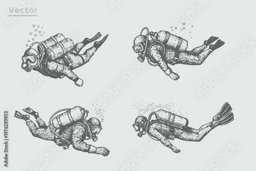 Diver in Vintage Engraving Style illustration. Realistic Diver vintage stippling photocopy effect. Grunge Retro The concept of sport diving.