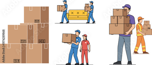 Moving and Relocation Illustration with Movers Carrying Boxes, Packaging, Transport, and Office/Home Furniture for Packing and Unpacking