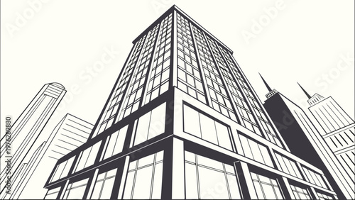 A minimalist black and white vector illustration of a modern skyscraper in a cityscape