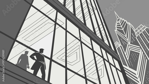 A minimalist vector illustration of two businessmen looking out of a high-rise office building window