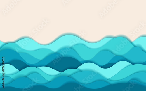 Blue sea waves in paper cut style. Abstract 3D ocean water layers with shadows and sand beach background for summer vacation and marine design.