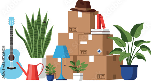 Moving Boxes and Household Items Set with Plants, Guitar, Lamp, Books, and Personal Belongings for Relocation and Home Packing Illustration